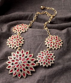 《女人饰界 欧美时尚饰品厂家批发新风尚——以镀金红宝石奢华花朵毛衣项链为例》